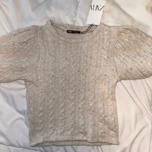 Zara. Puff sleeve. Pearl knit top.